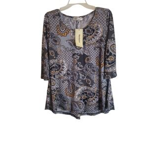 Nandashe Womens Paisley Print Tunic Top 3/4 Sleeve Scoop Neck Grey Mustard Sz M